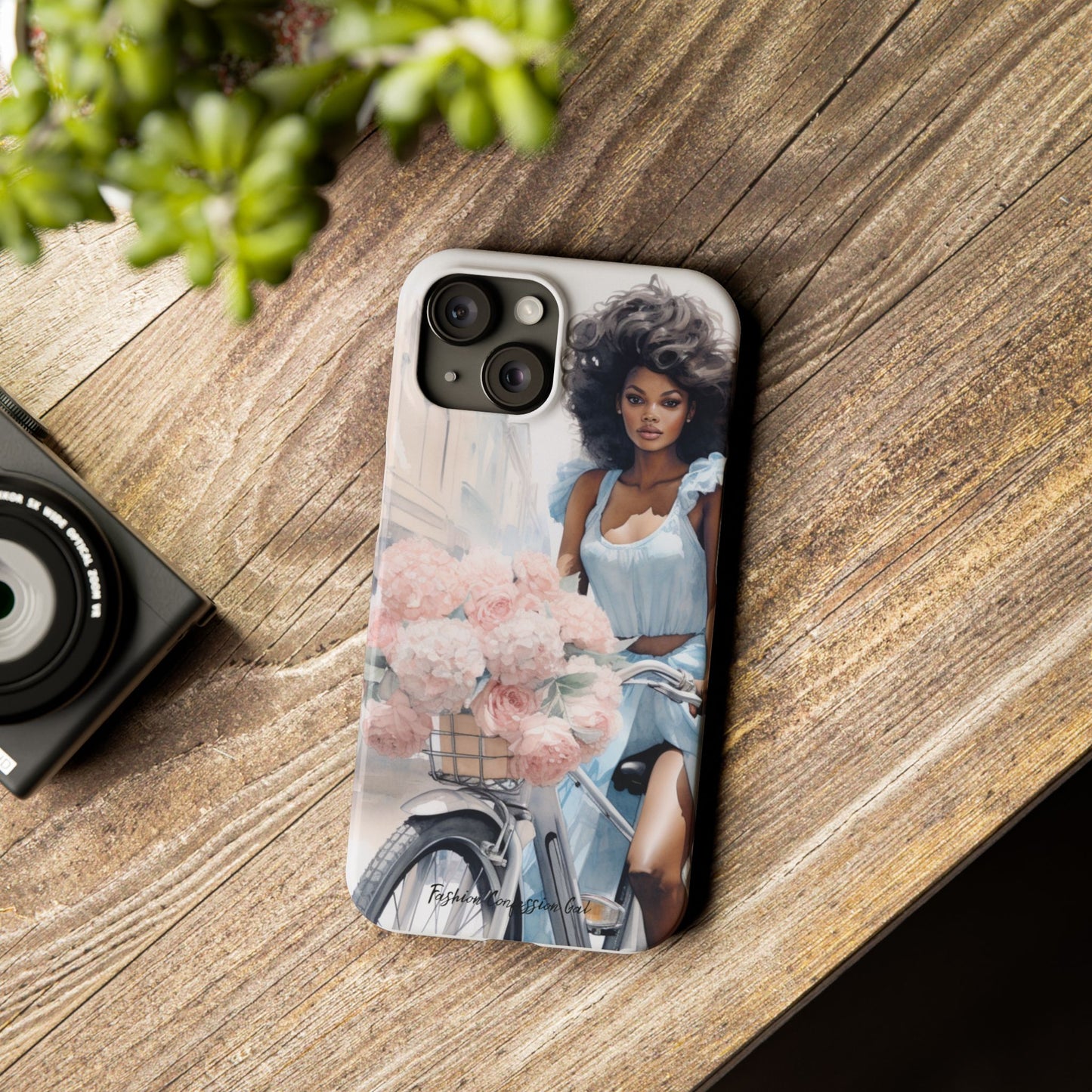 Phone Case, Fashionable African American Woman, Bike with Flowers European Street