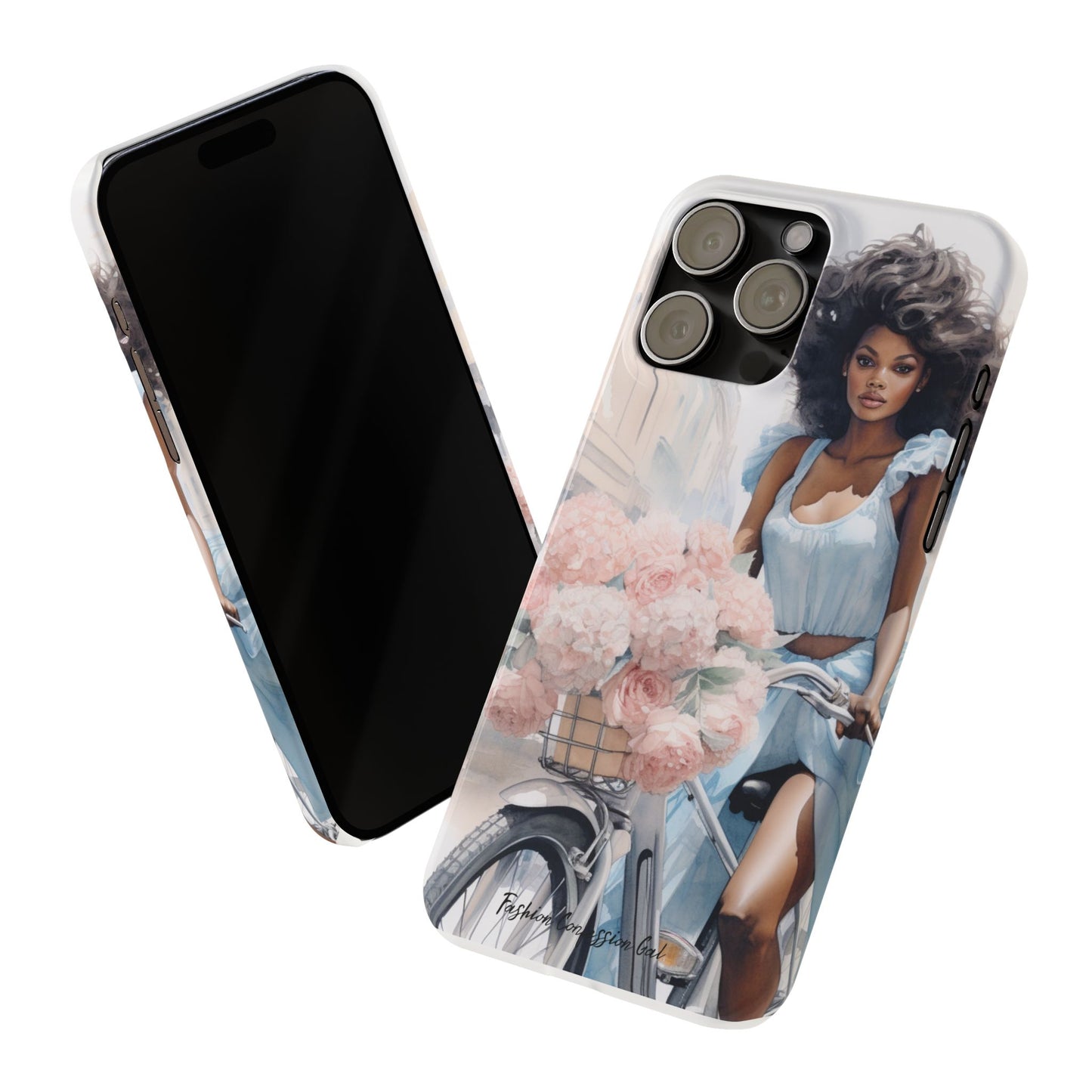 Phone Case, Fashionable African American Woman, Bike with Flowers European Street