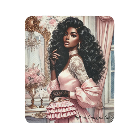 Sherpa Blanket - Fashionable Woman in Pastel Pink Dress, Standing in an English Style Powder Room Design