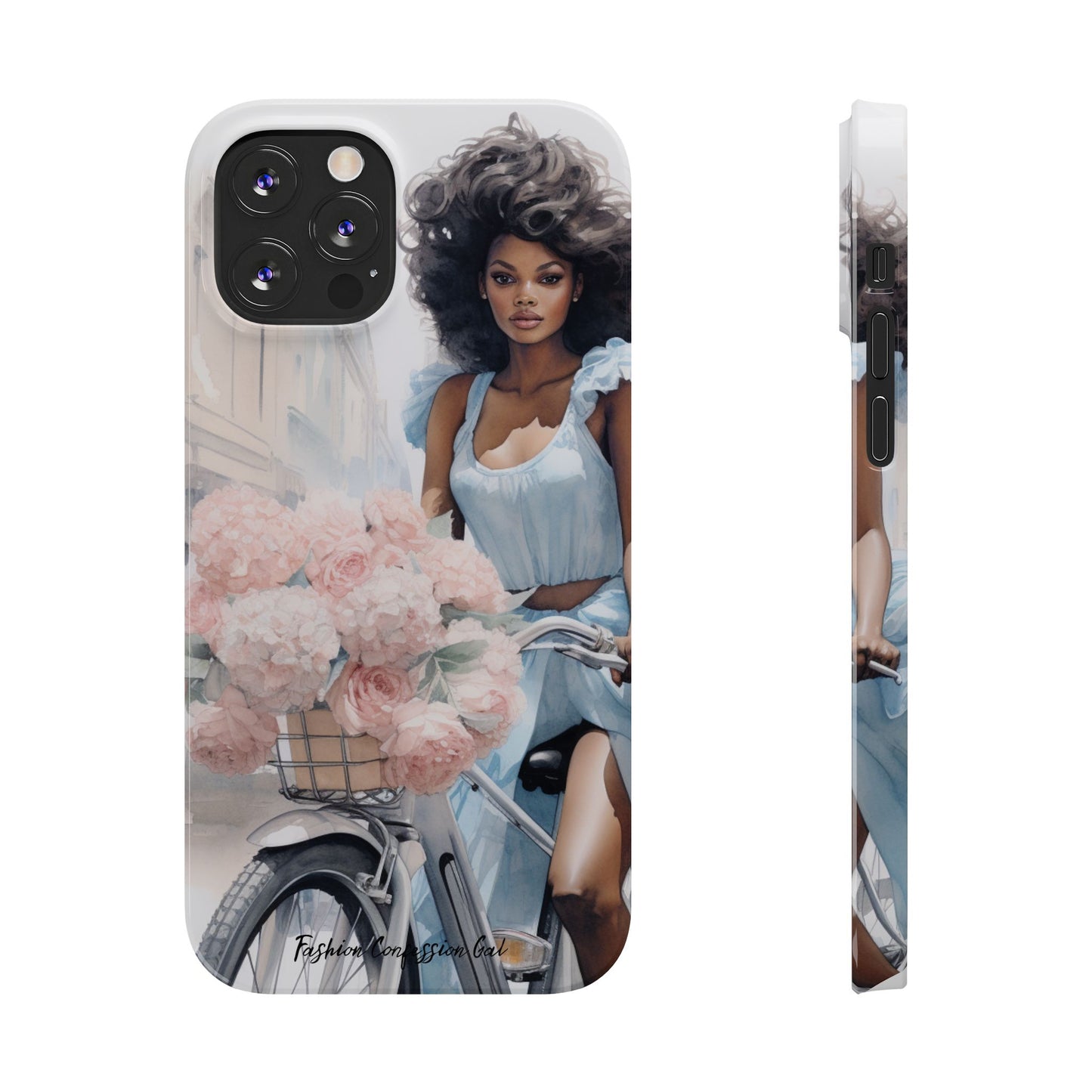 Phone Case, Fashionable African American Woman, Bike with Flowers European Street