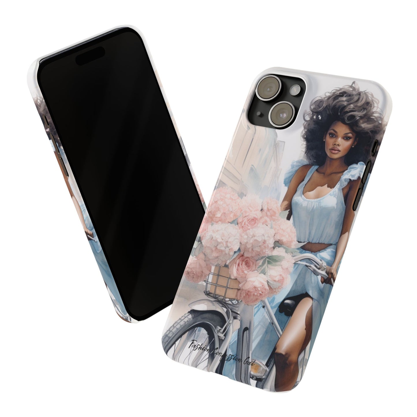 Phone Case, Fashionable African American Woman, Bike with Flowers European Street