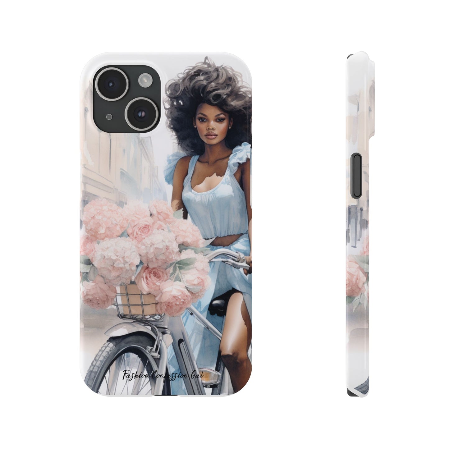 Phone Case, Fashionable African American Woman, Bike with Flowers European Street