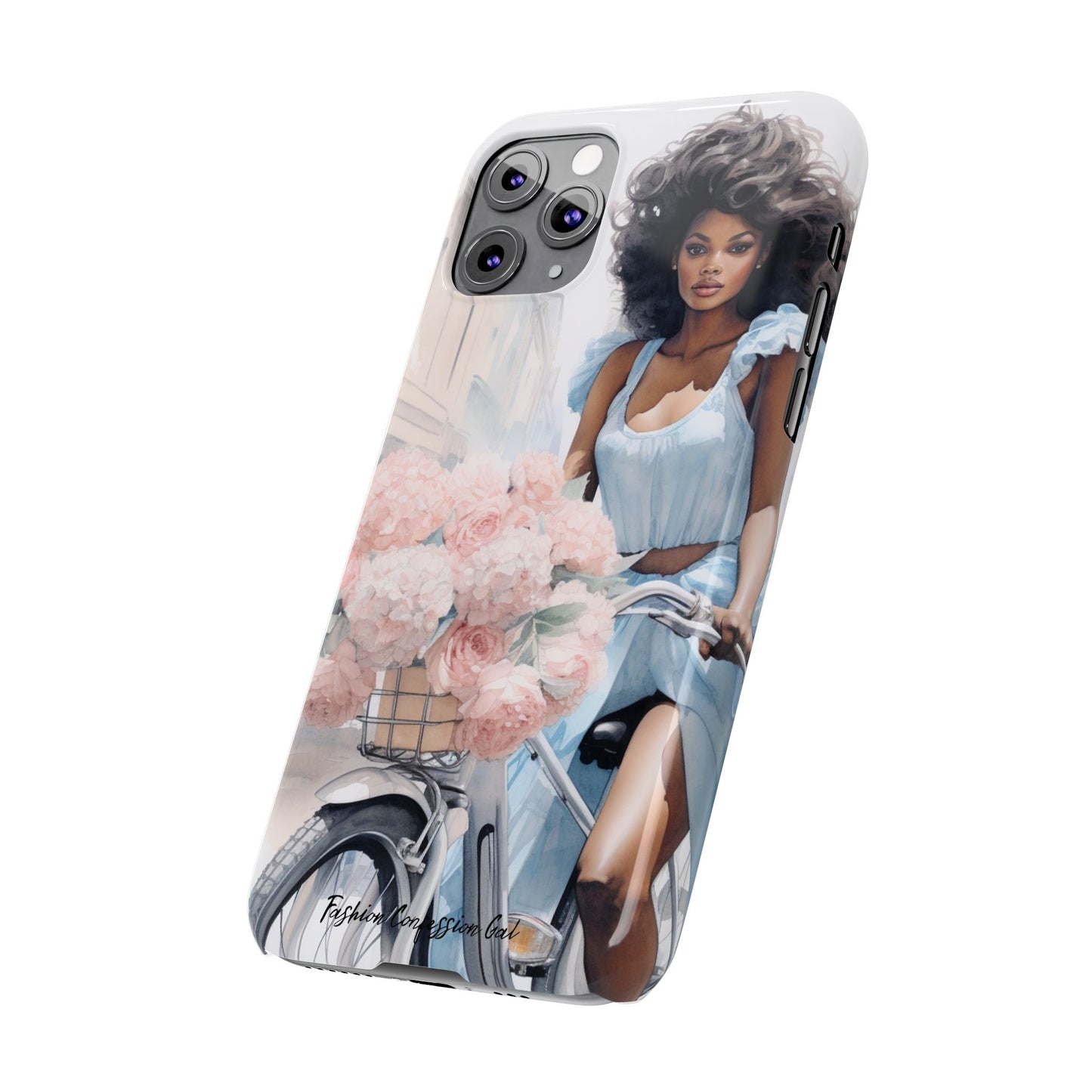 Phone Case, Fashionable African American Woman, Bike with Flowers European Street