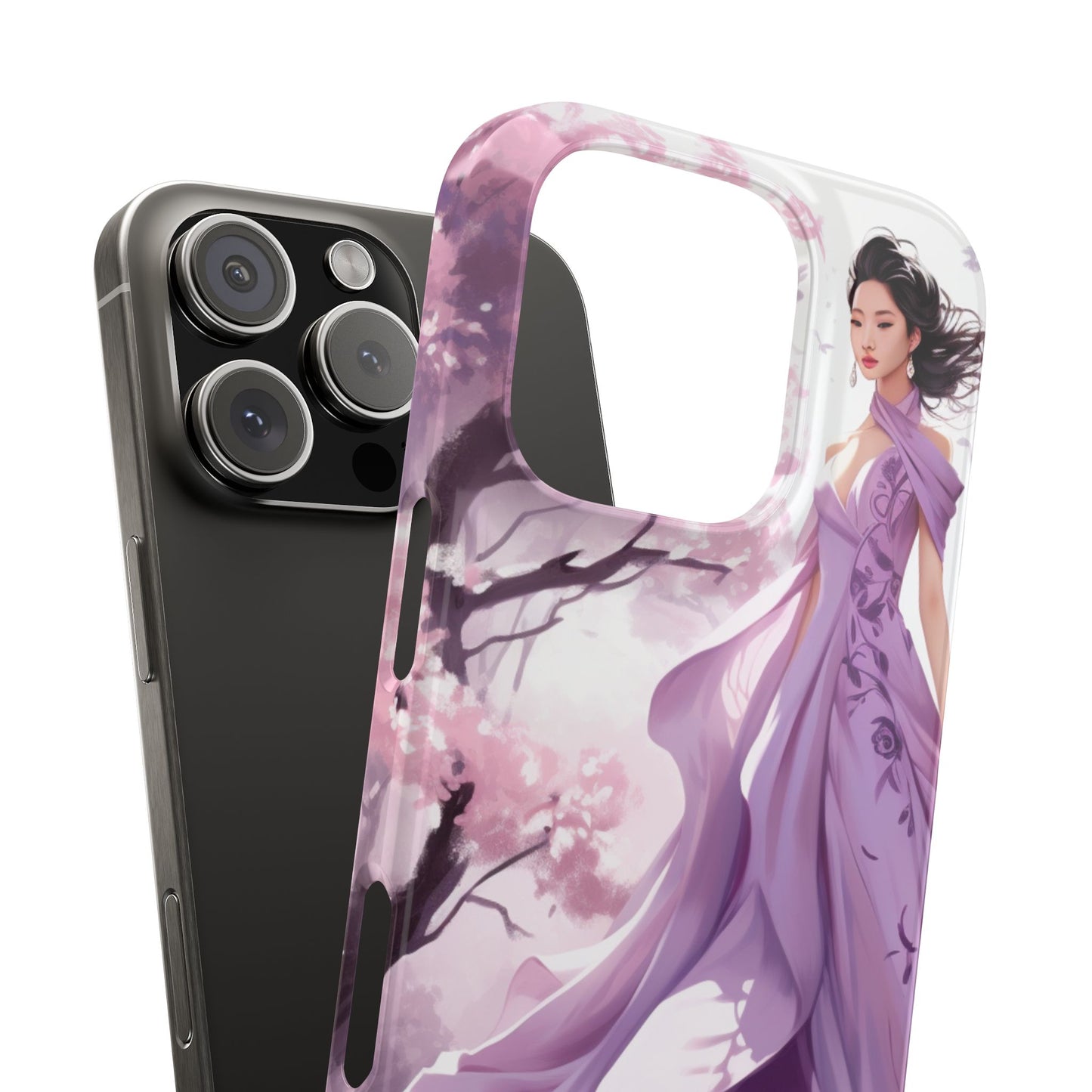 Phone Case - Elegant Asian Woman in Purple Gown Among Cherry Blossoms
