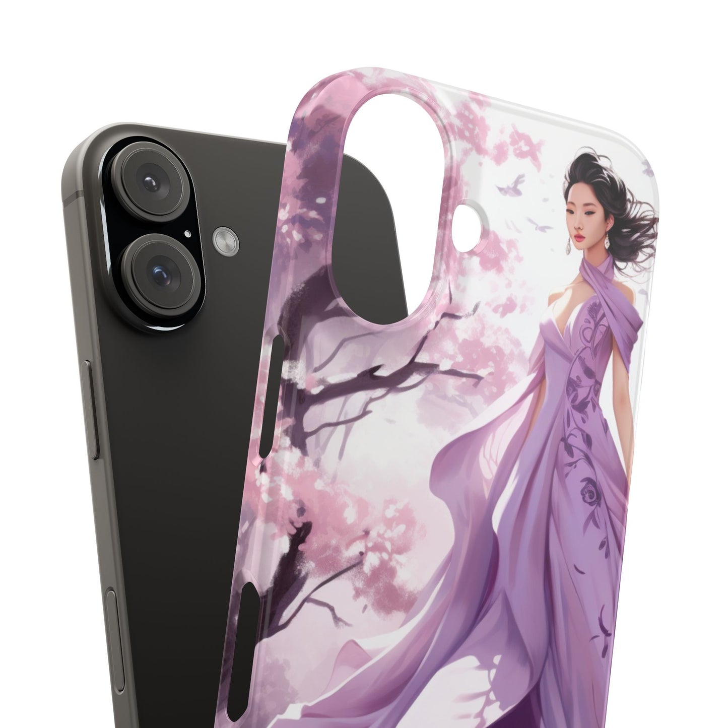 Phone Case - Elegant Asian Woman in Purple Gown Among Cherry Blossoms