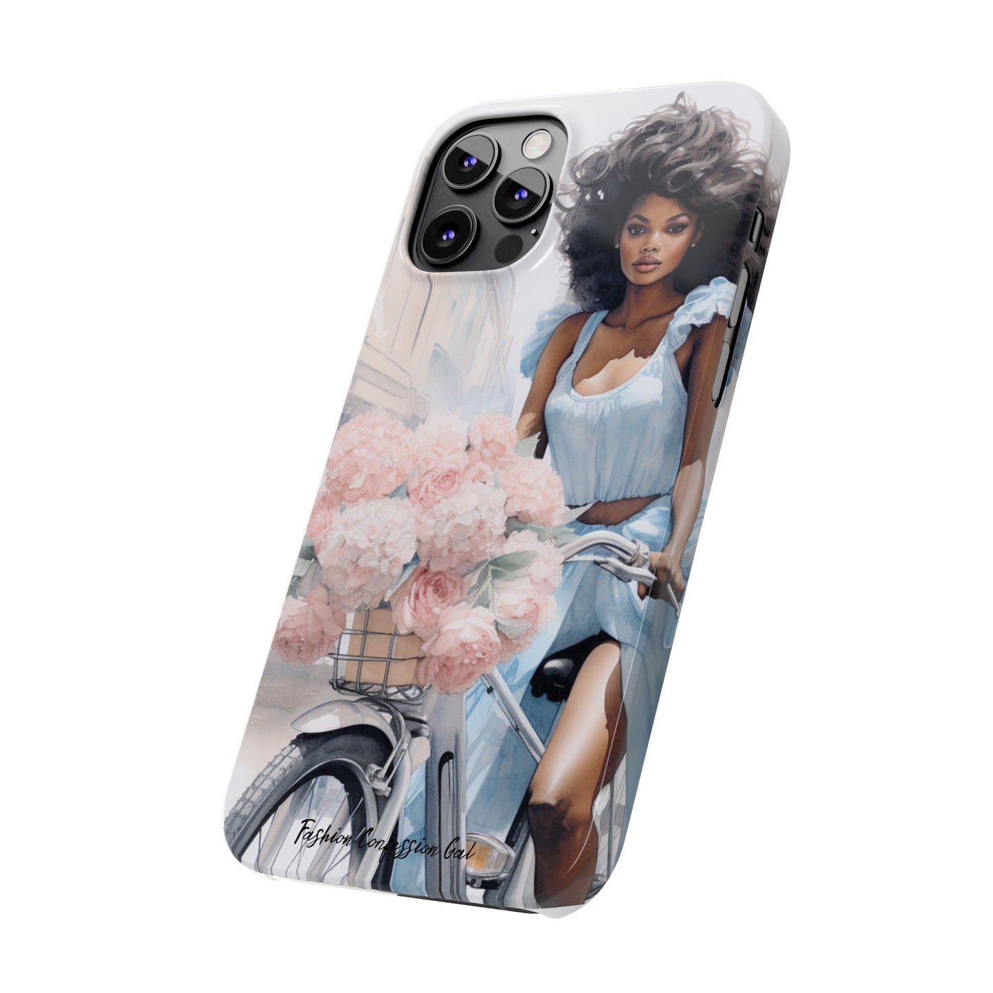 Phone Case, Fashionable African American Woman, Bike with Flowers European Street