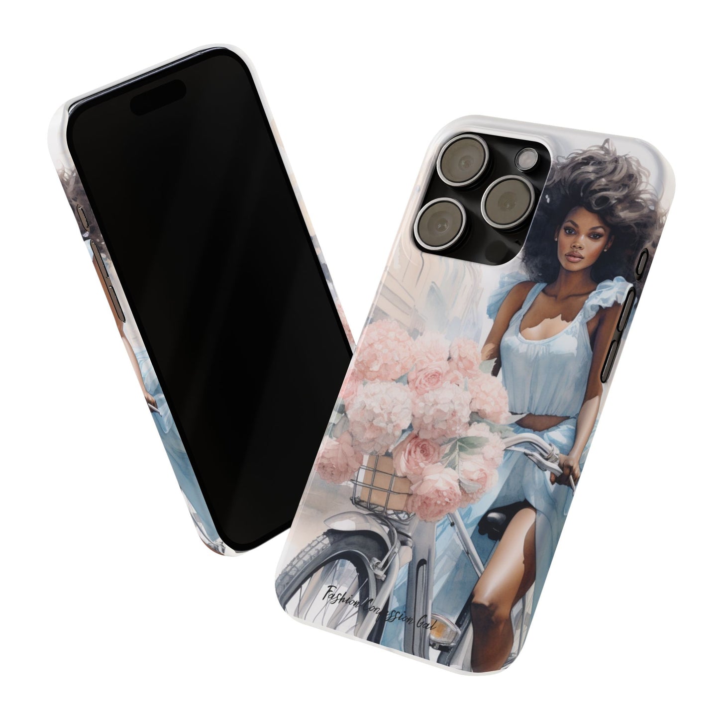 Phone Case, Fashionable African American Woman, Bike with Flowers European Street