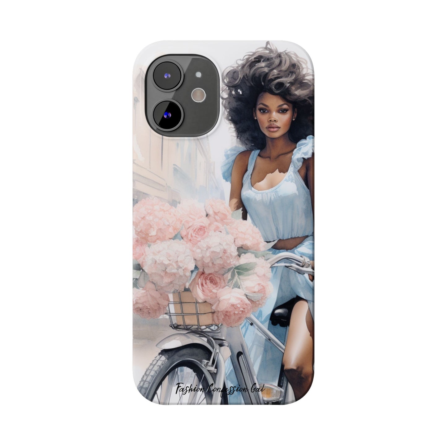 Phone Case, Fashionable African American Woman, Bike with Flowers European Street