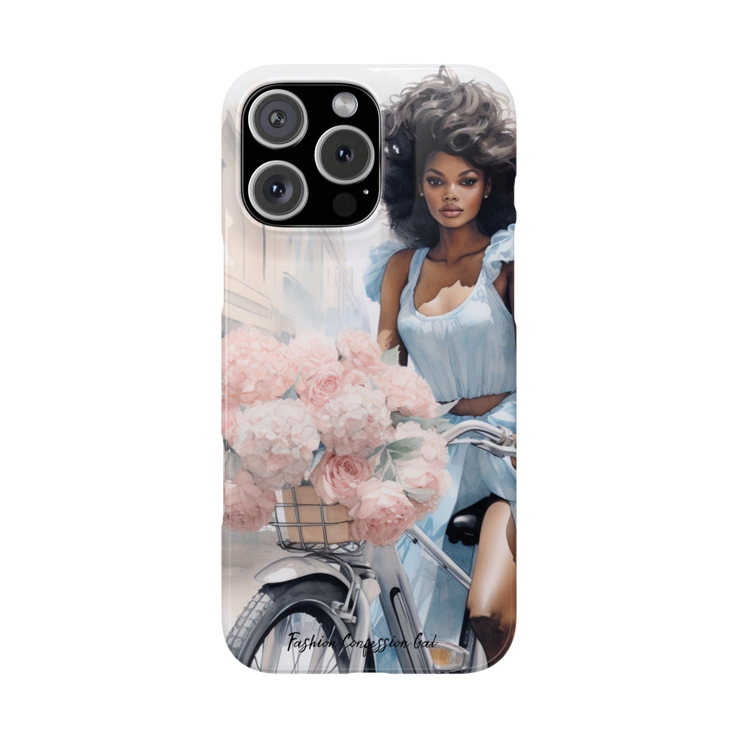 Phone Case, Fashionable African American Woman, Bike with Flowers European Street