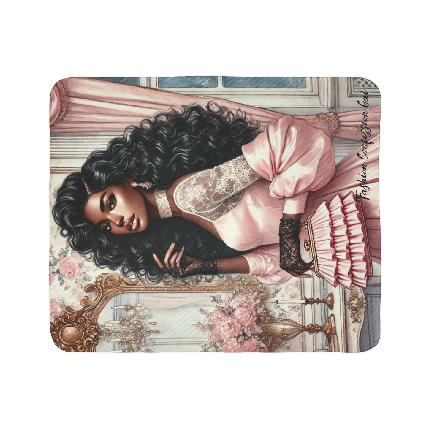Sherpa Blanket - Fashionable Woman in Pastel Pink Dress, Standing in an English Style Powder Room Design