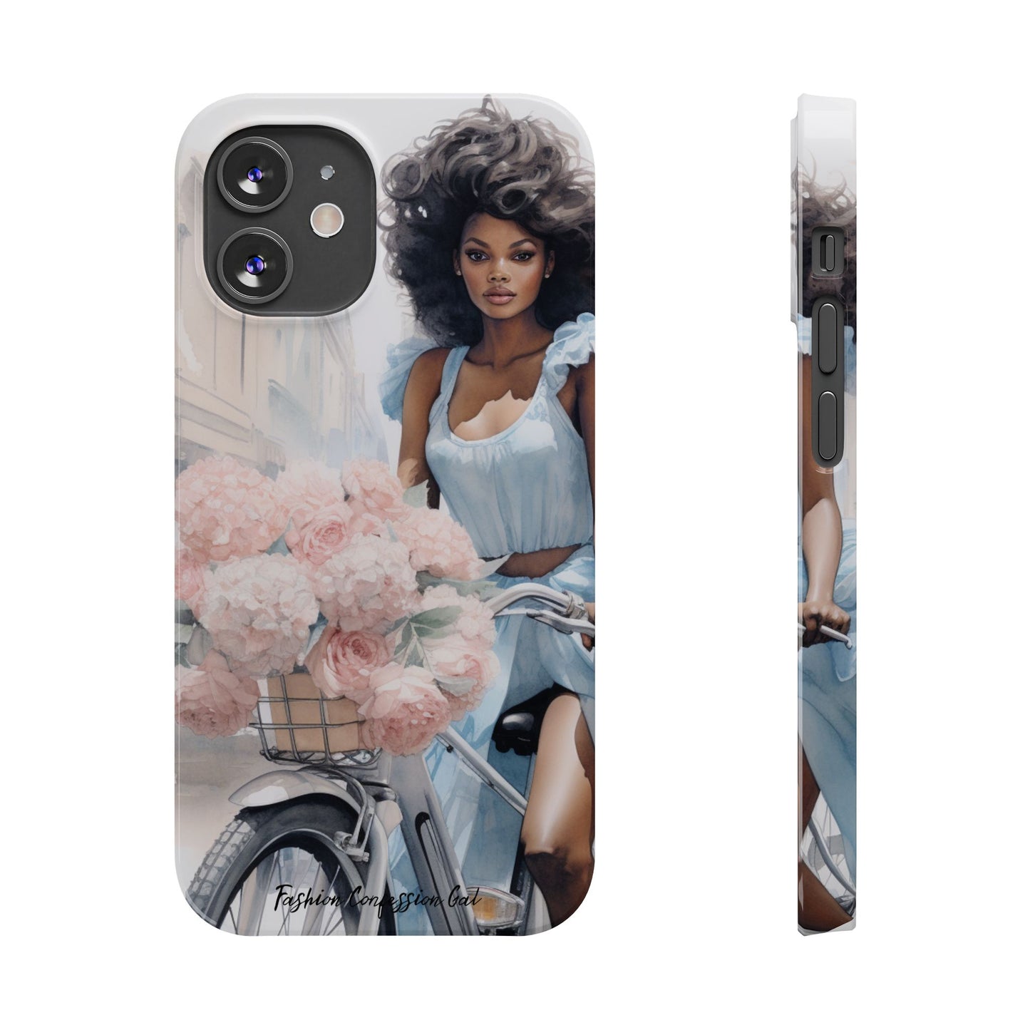 Phone Case, Fashionable African American Woman, Bike with Flowers European Street