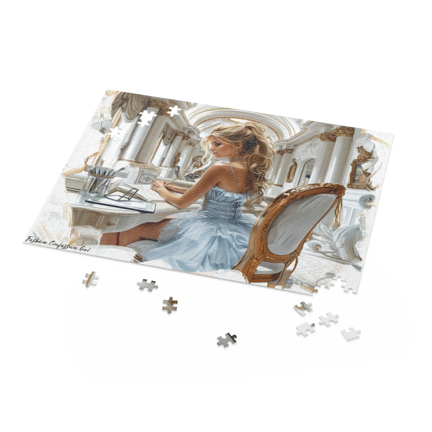 Puzzle - Fashionable Blonde Writing with Quill Pen in Powder Blue Dress