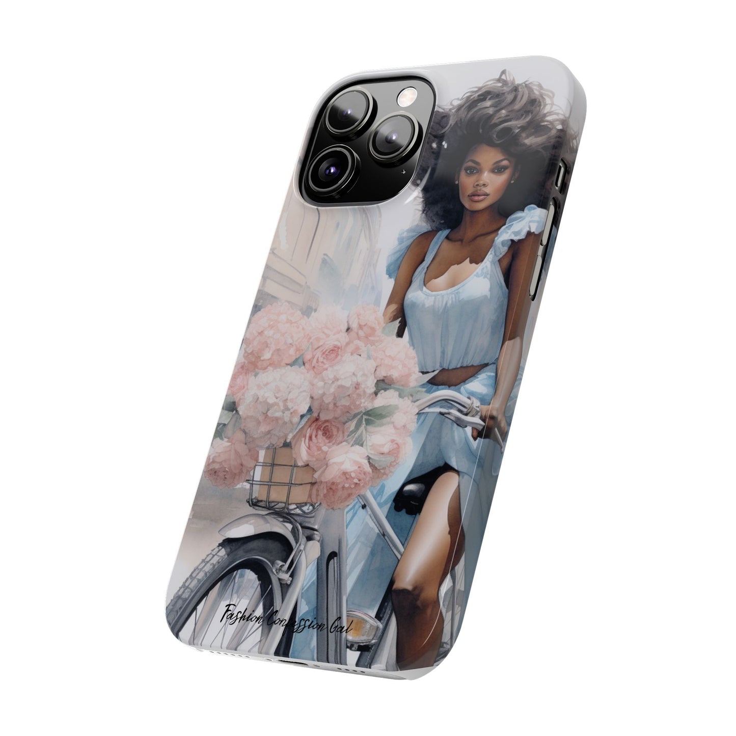 Phone Case, Fashionable African American Woman, Bike with Flowers European Street