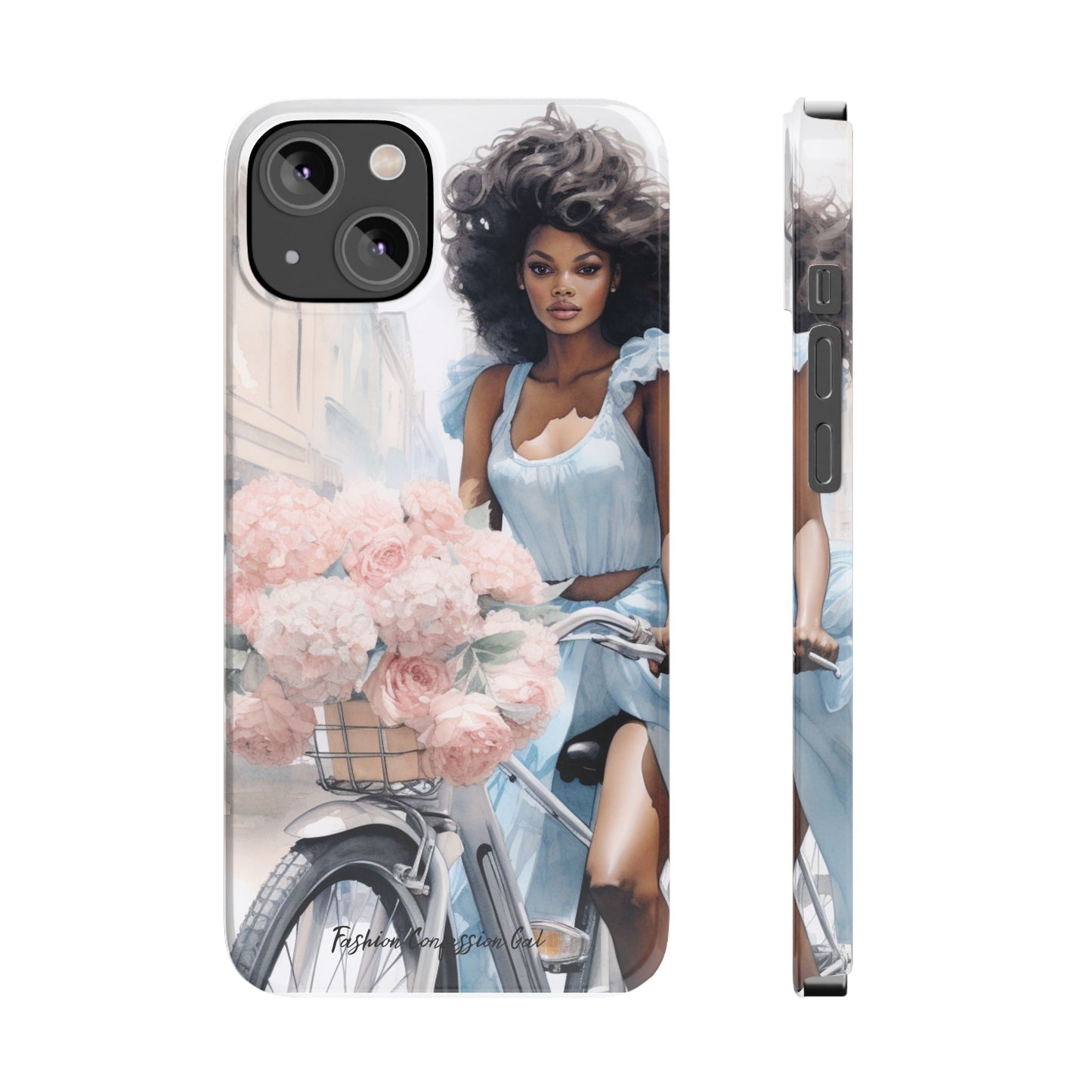 Phone Case, Fashionable African American Woman, Bike with Flowers European Street