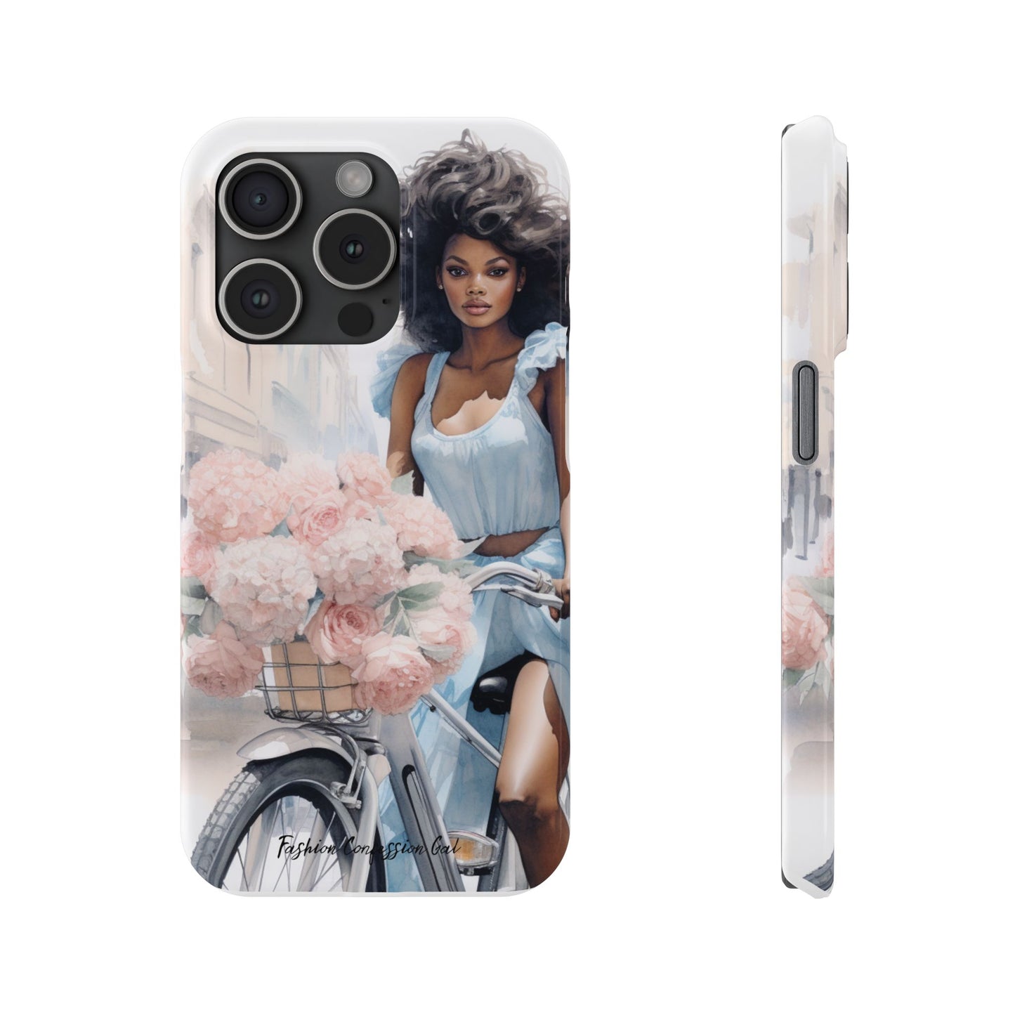 Phone Case, Fashionable African American Woman, Bike with Flowers European Street