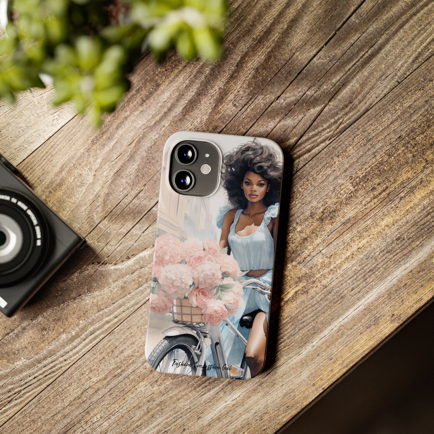 Phone Case, Fashionable African American Woman, Bike with Flowers European Street