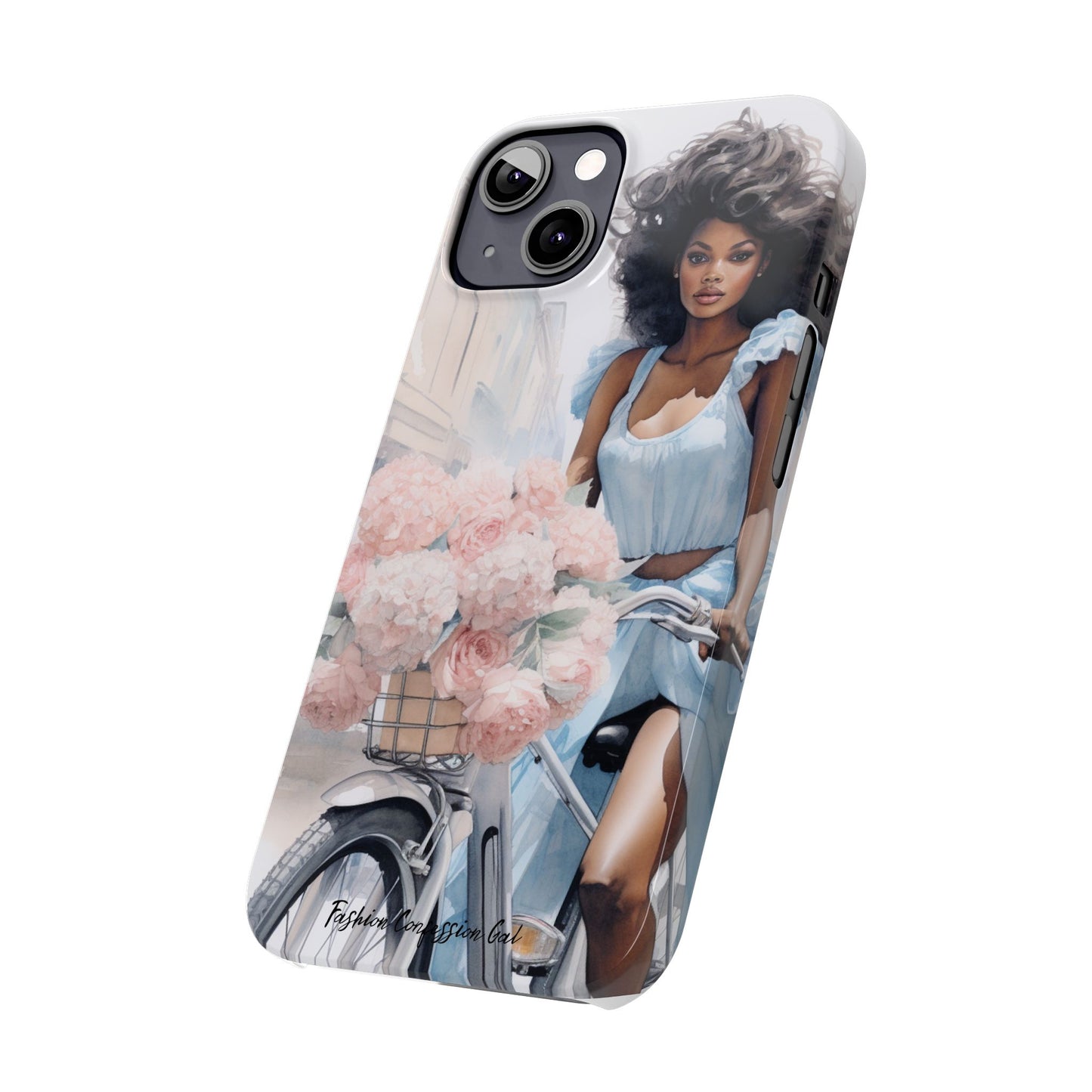 Phone Case, Fashionable African American Woman, Bike with Flowers European Street