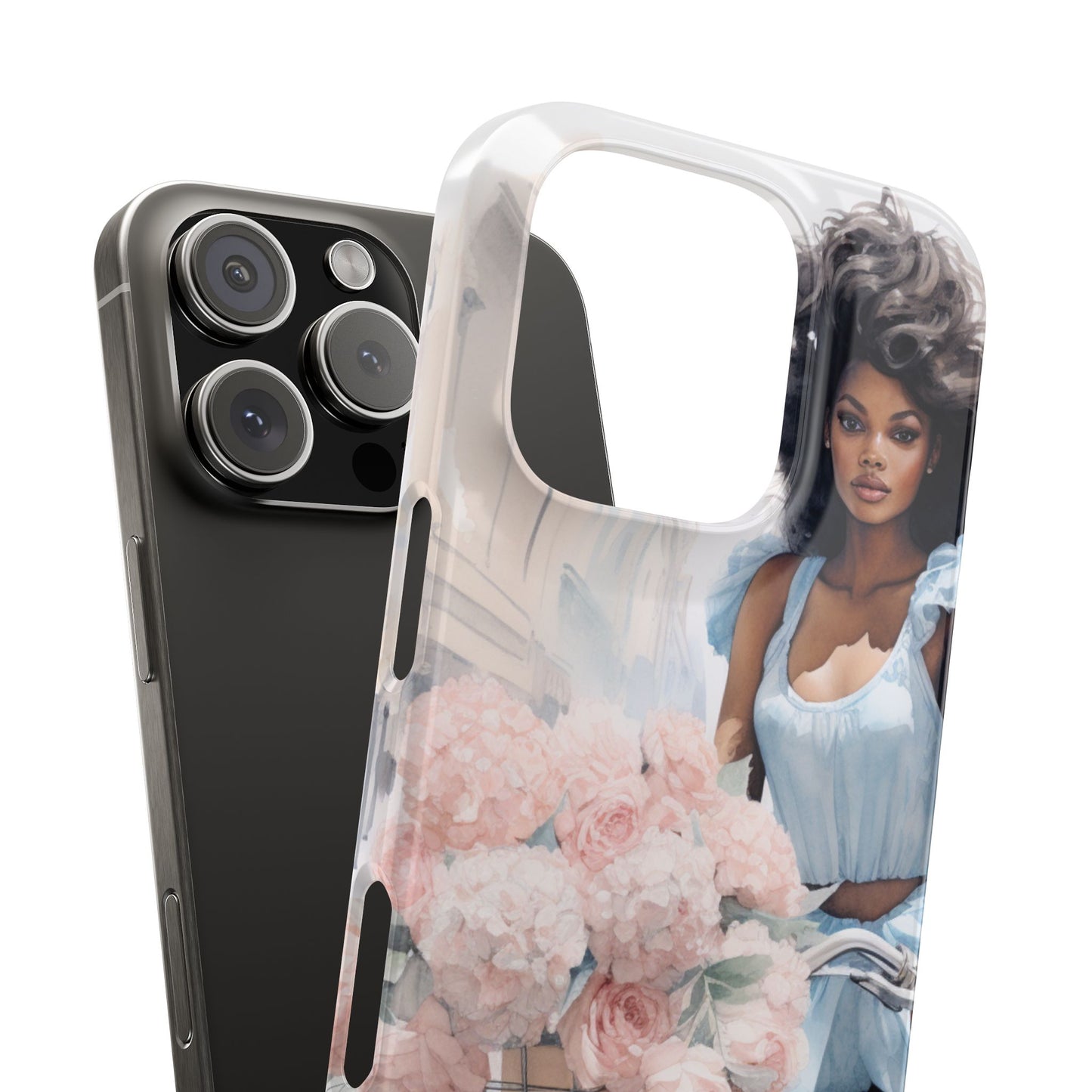 Phone Case, Fashionable African American Woman, Bike with Flowers European Street