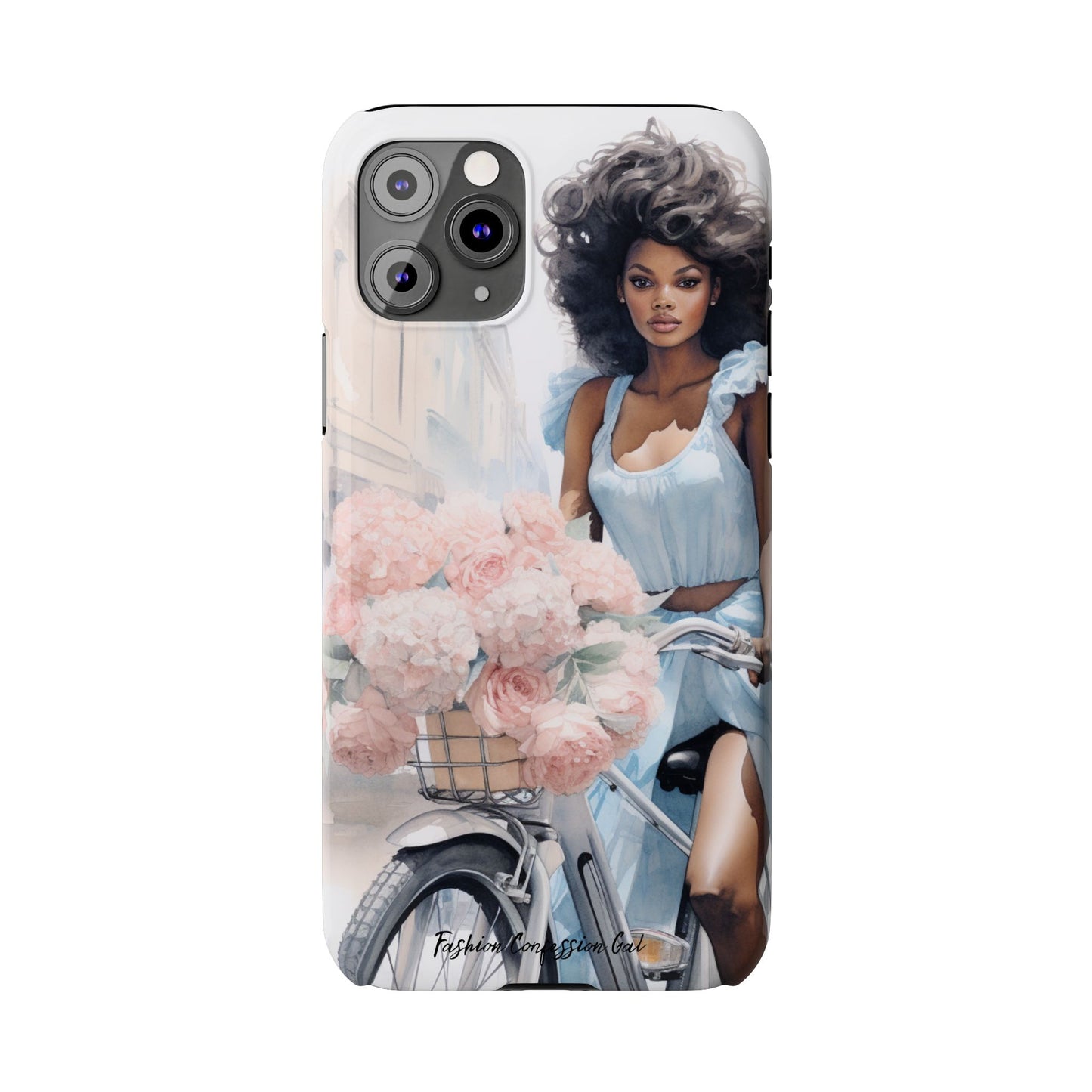 Phone Case, Fashionable African American Woman, Bike with Flowers European Street