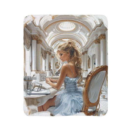 Sherpa Blanket - Fashion Girl Writing at Luxurious Desk in Powder Blue Dress