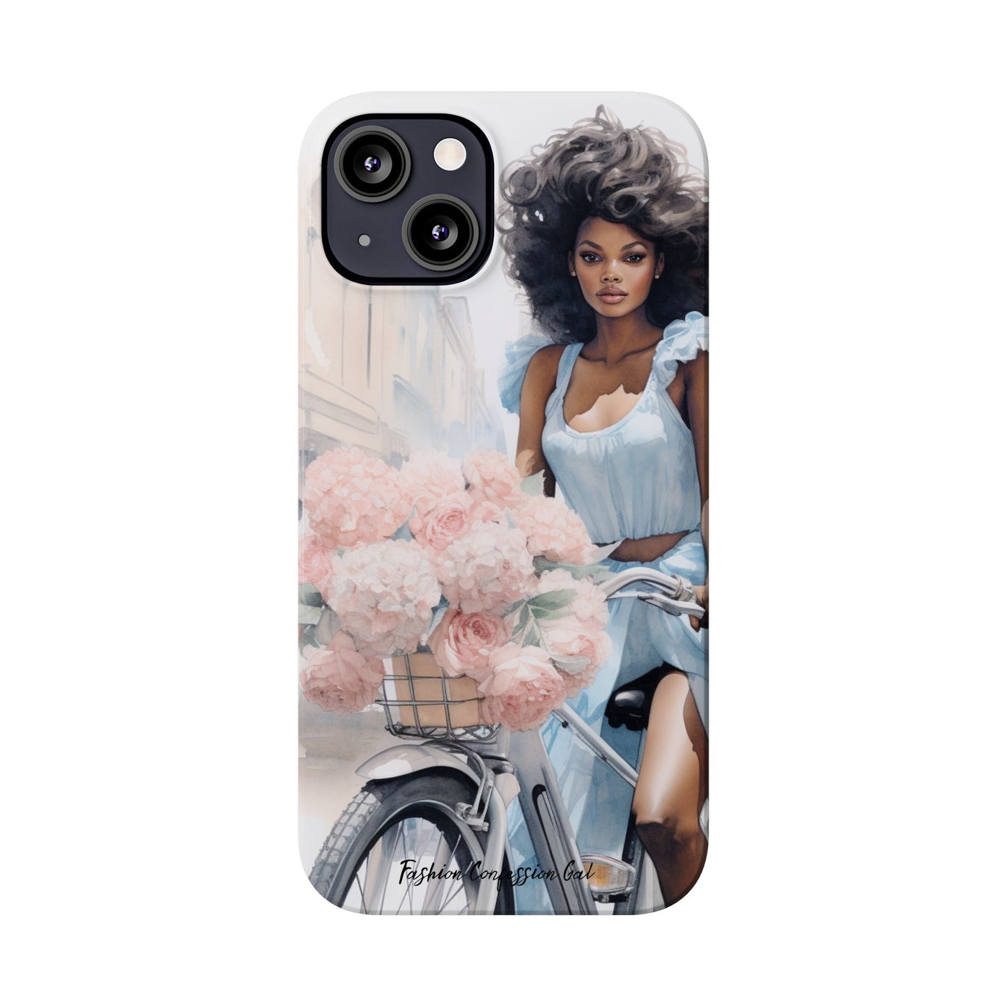 Phone Case, Fashionable African American Woman, Bike with Flowers European Street