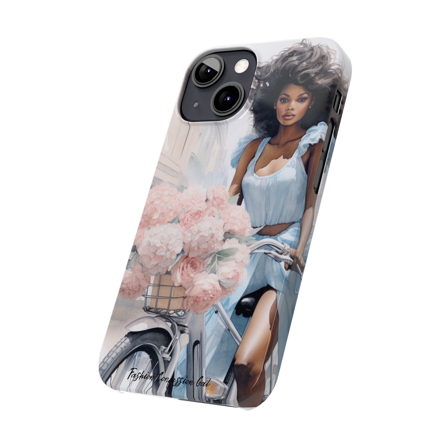 Phone Case, Fashionable African American Woman, Bike with Flowers European Street