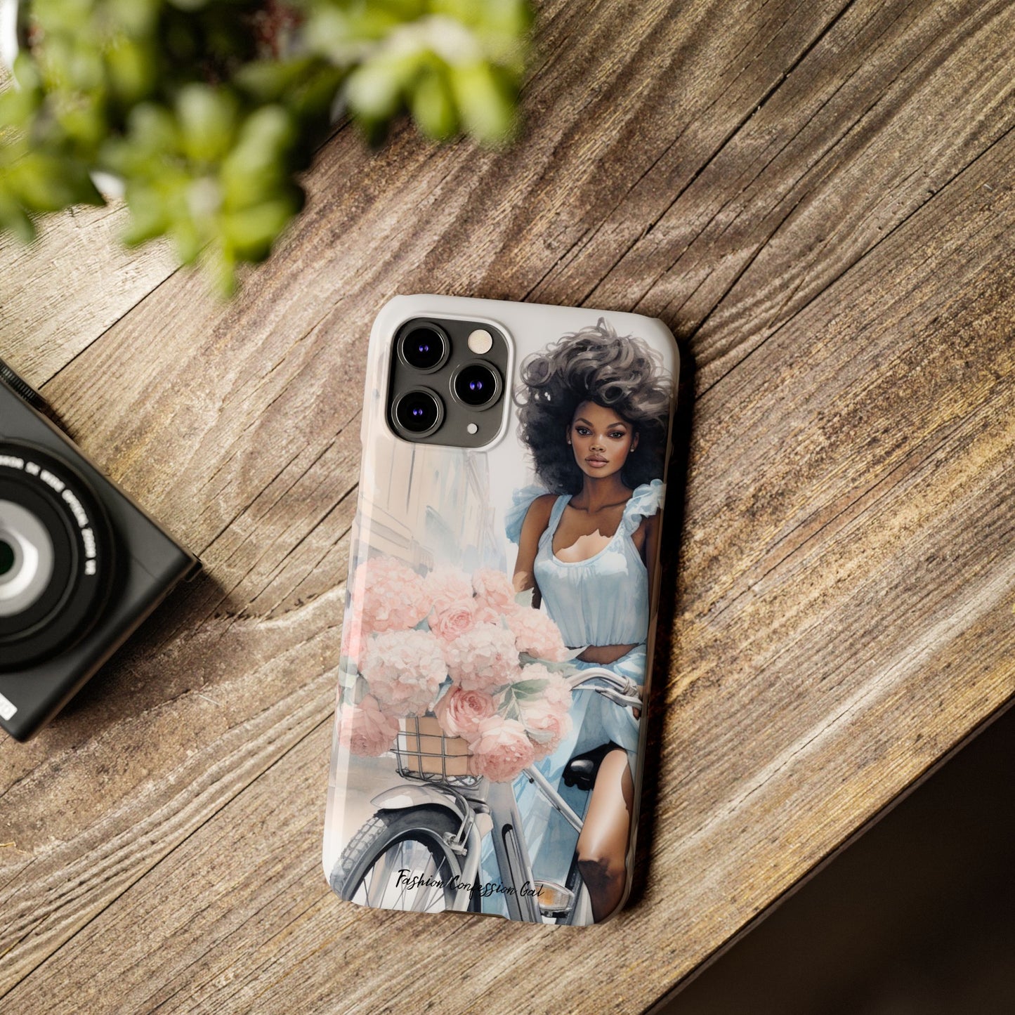 Phone Case, Fashionable African American Woman, Bike with Flowers European Street