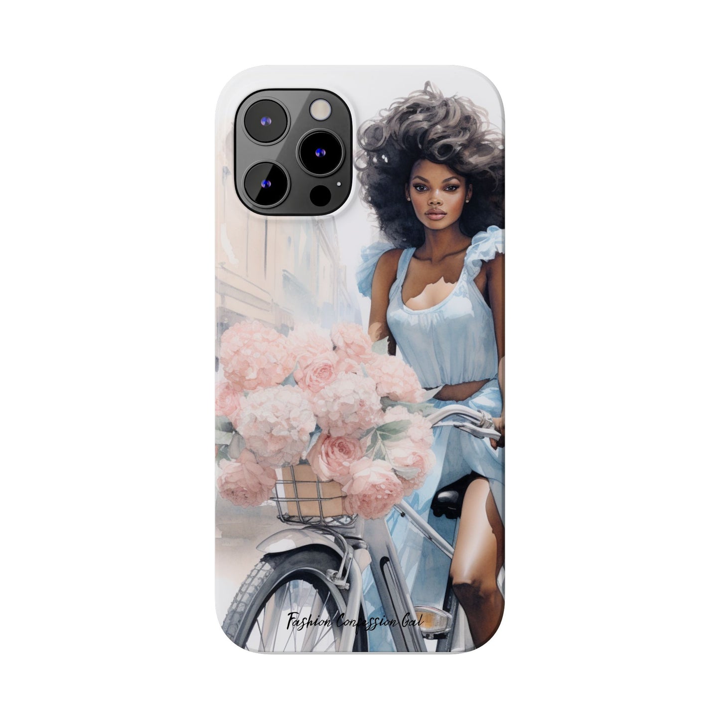 Phone Case, Fashionable African American Woman, Bike with Flowers European Street