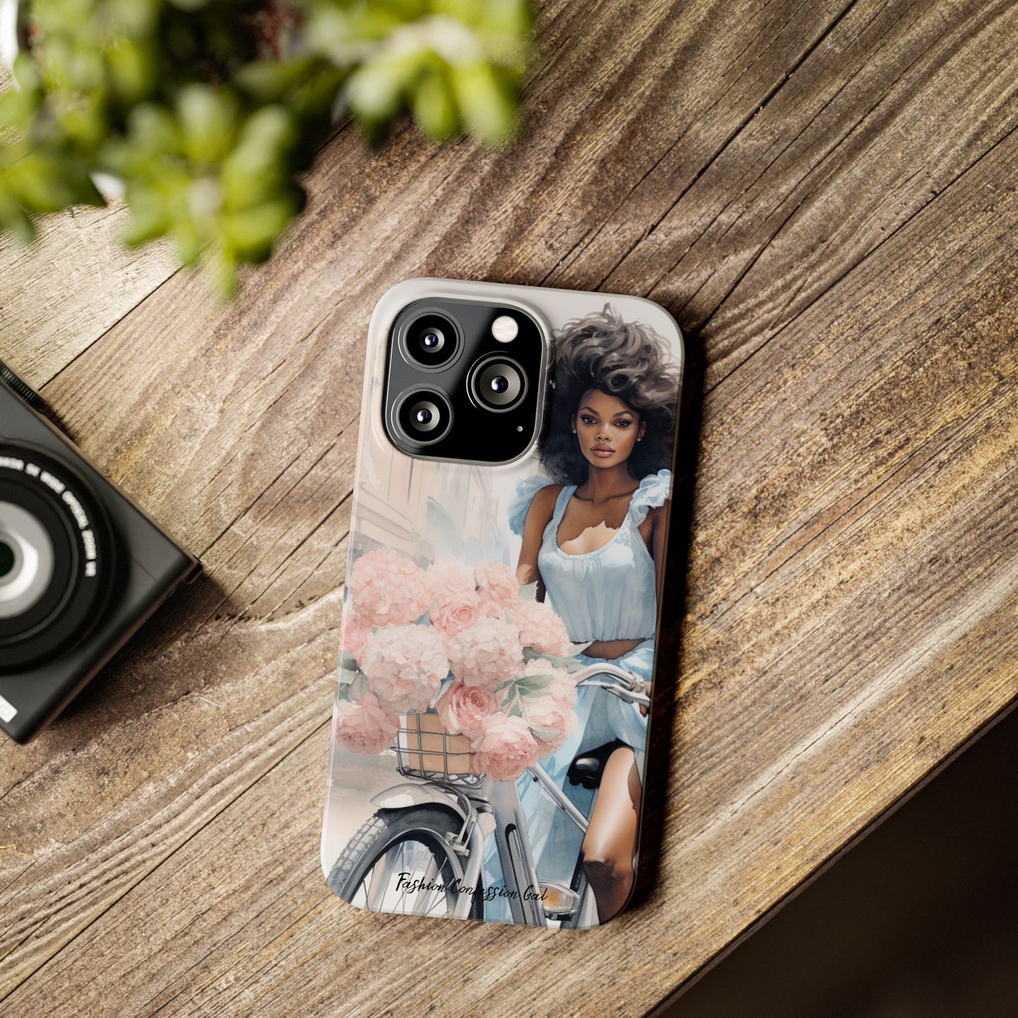 Phone Case, Fashionable African American Woman, Bike with Flowers European Street