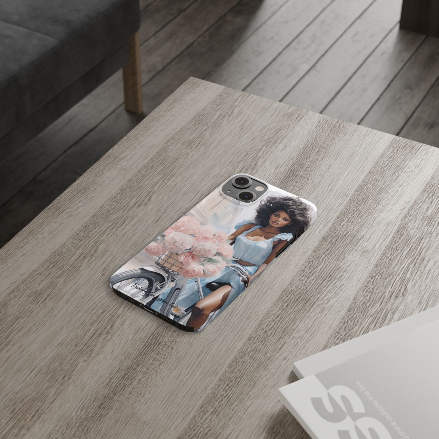 Phone Case, Fashionable African American Woman, Bike with Flowers European Street