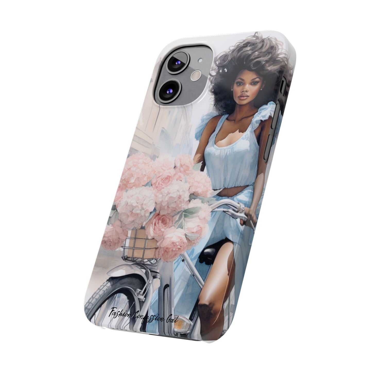Phone Case, Fashionable African American Woman, Bike with Flowers European Street