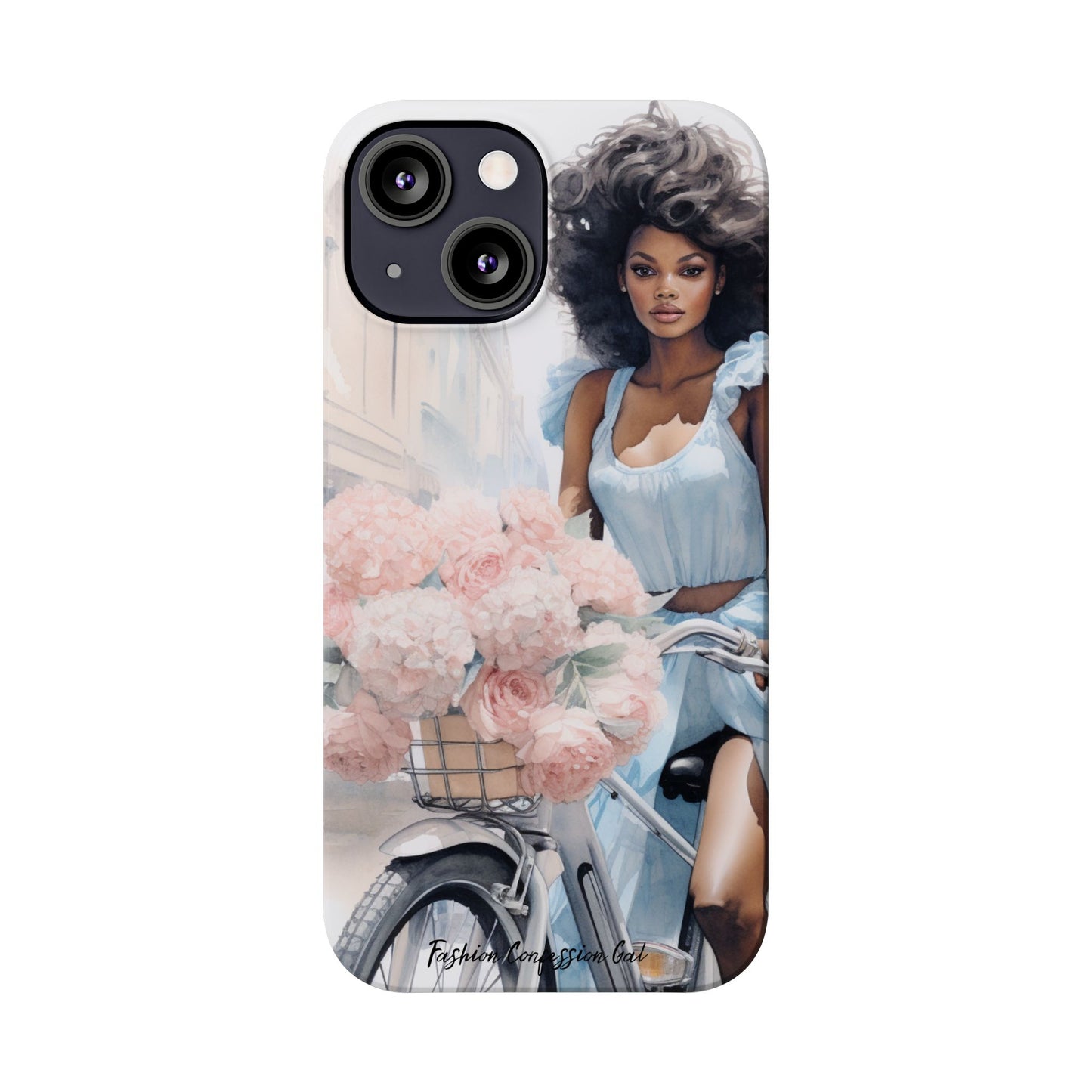 Phone Case, Fashionable African American Woman, Bike with Flowers European Street