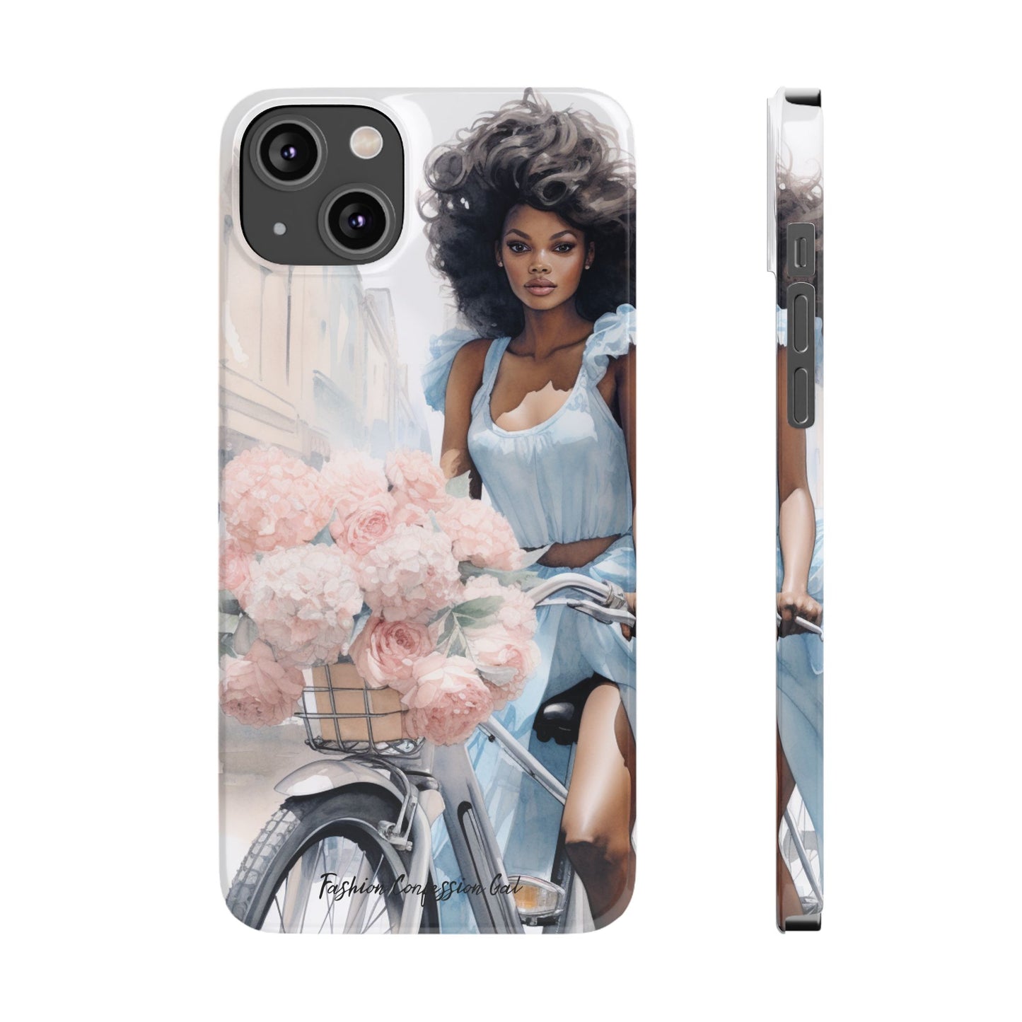 Phone Case, Fashionable African American Woman, Bike with Flowers European Street