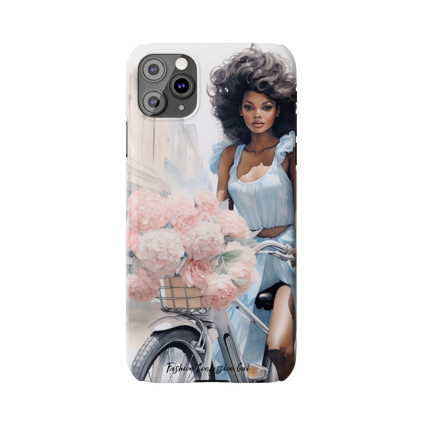 Phone Case, Fashionable African American Woman, Bike with Flowers European Street