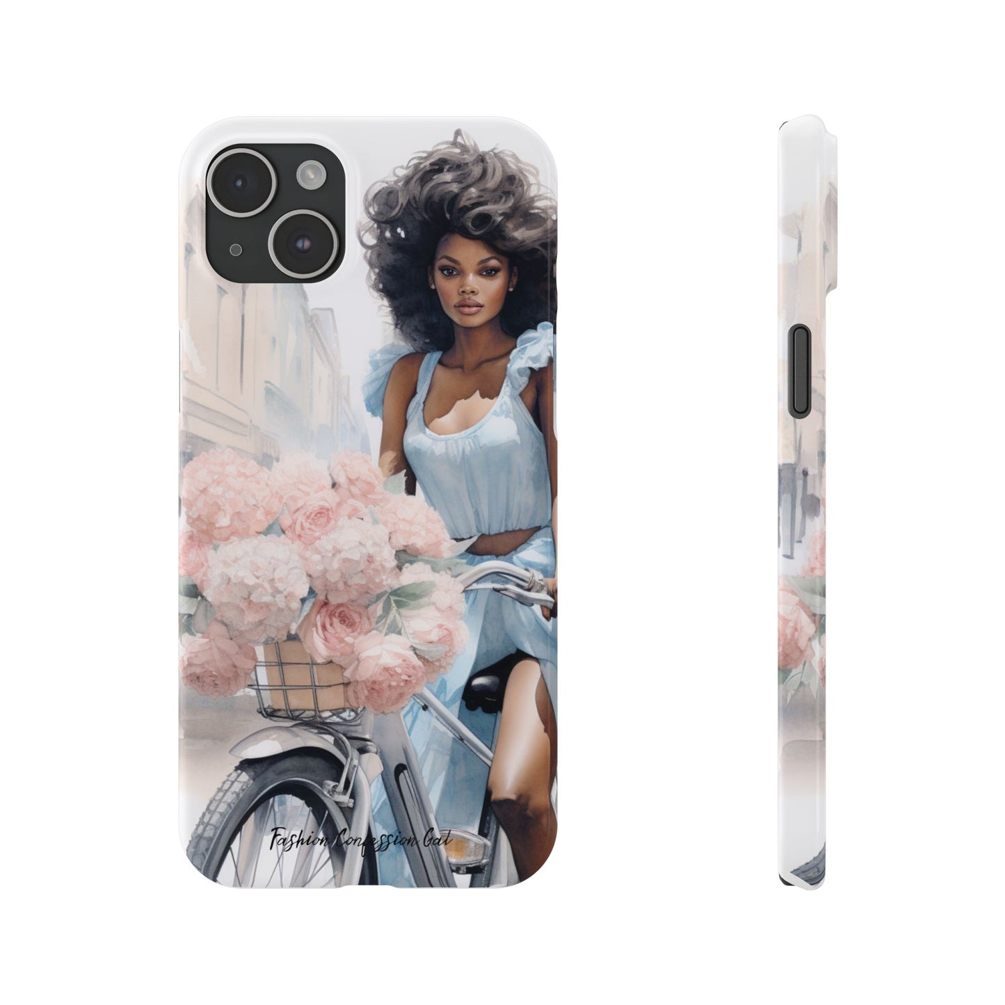 Phone Case, Fashionable African American Woman, Bike with Flowers European Street