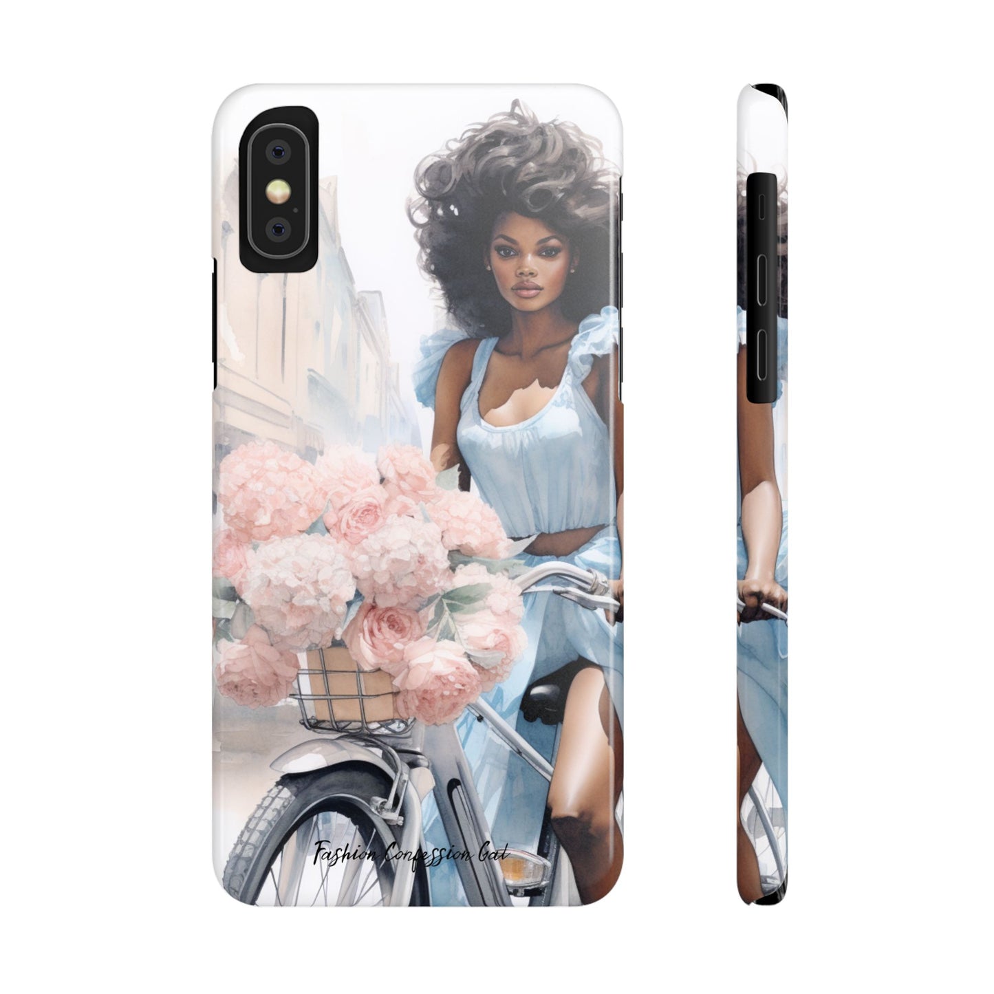 Phone Case, Fashionable African American Woman, Bike with Flowers European Street