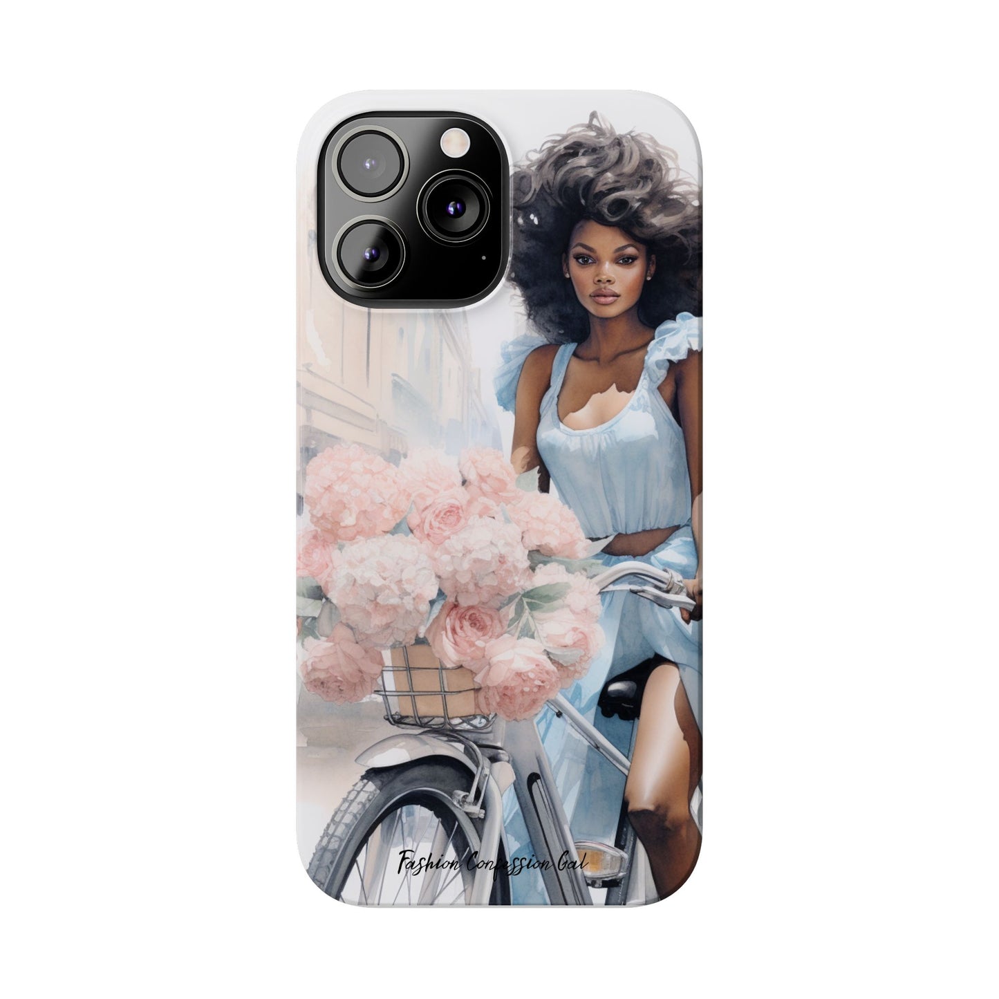 Phone Case, Fashionable African American Woman, Bike with Flowers European Street