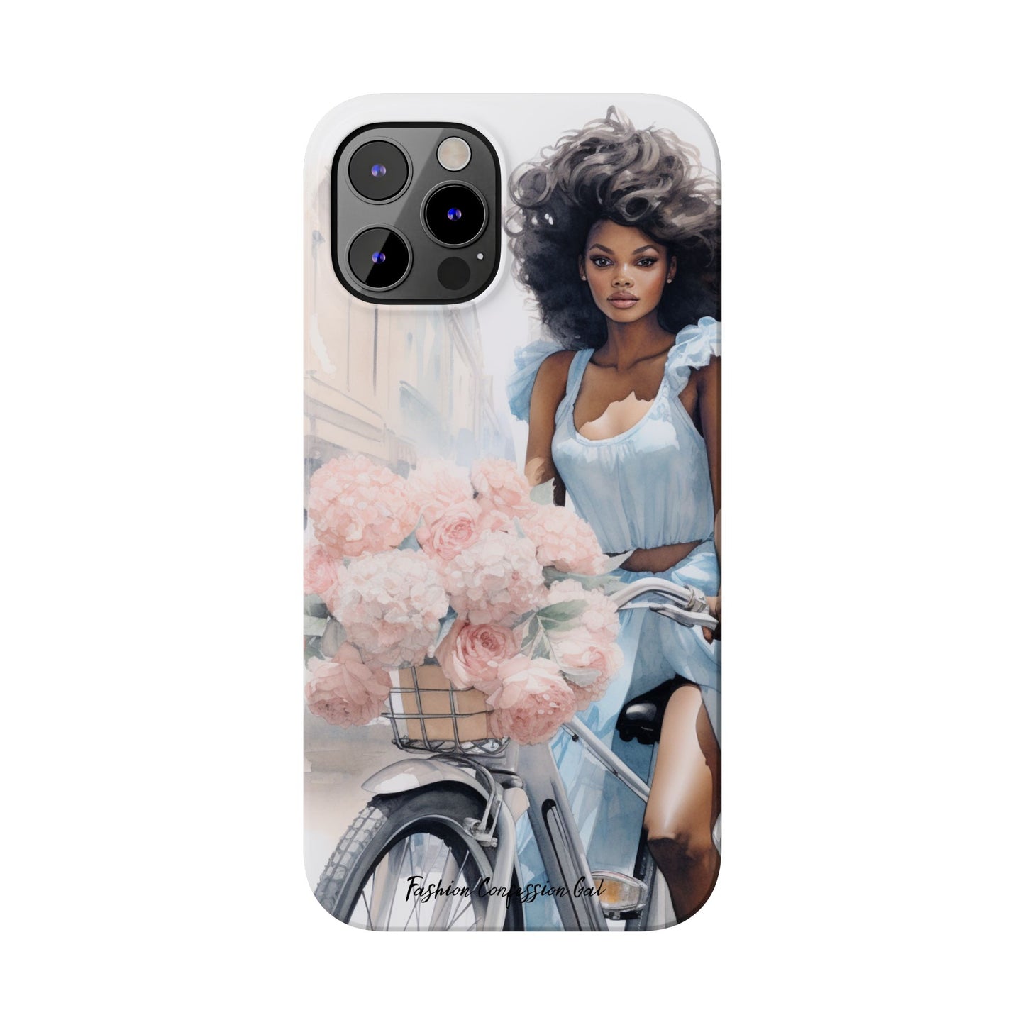 Phone Case, Fashionable African American Woman, Bike with Flowers European Street