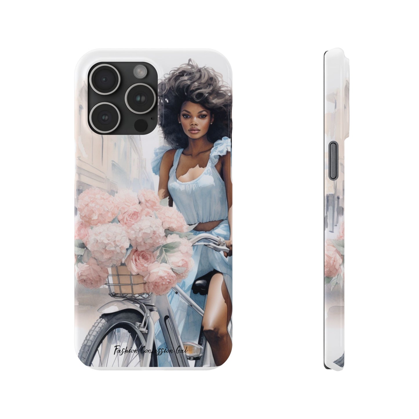 Phone Case, Fashionable African American Woman, Bike with Flowers European Street